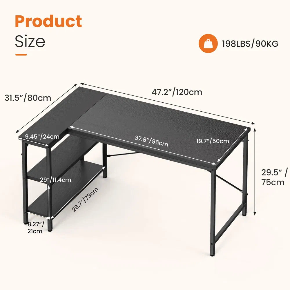 L-shaped Office Desk, 39-55inch Computer Desk, Writing Work Desk With Reversible Storage Rack