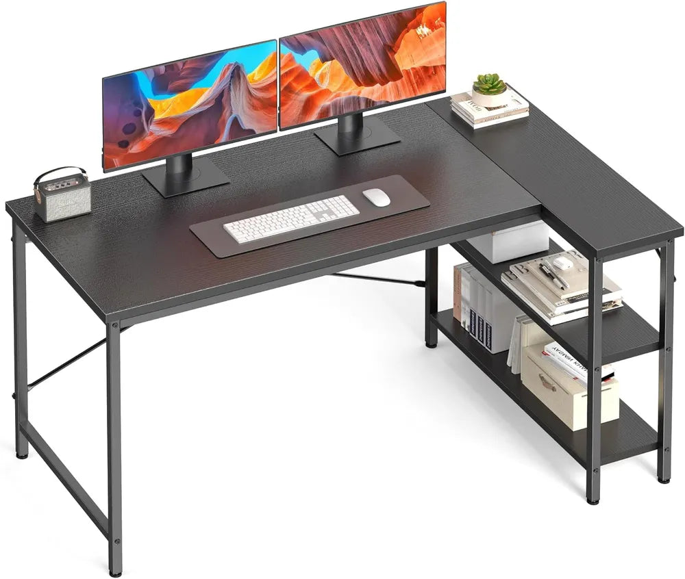 L-shaped Office Desk, 39-55inch Computer Desk, Writing Work Desk With Reversible Storage Rack