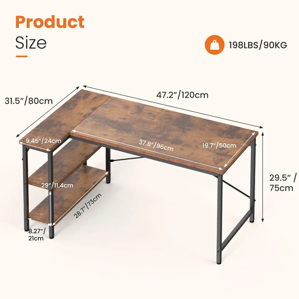 L-shaped Office Desk, 39-55inch Computer Desk, Writing Work Desk With Reversible Storage Rack