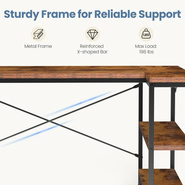 L-shaped Office Desk, 39-55inch Computer Desk, Writing Work Desk With Reversible Storage Rack