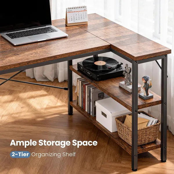 L-shaped Office Desk, 39-55inch Computer Desk, Writing Work Desk With Reversible Storage Rack