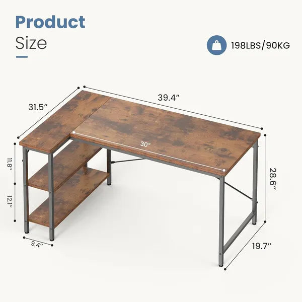 L-shaped Office Desk, 39-55inch Computer Desk, Writing Work Desk With Reversible Storage Rack