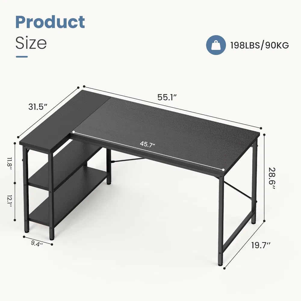 L-shaped Office Desk, 39-55inch Computer Desk, Writing Work Desk With Reversible Storage Rack